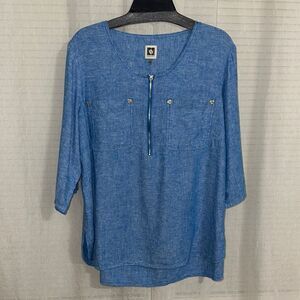 Anne Klein 1X Sea Blue Linen Blend Front Zip Quarter Tab Sleeve Top Tunic